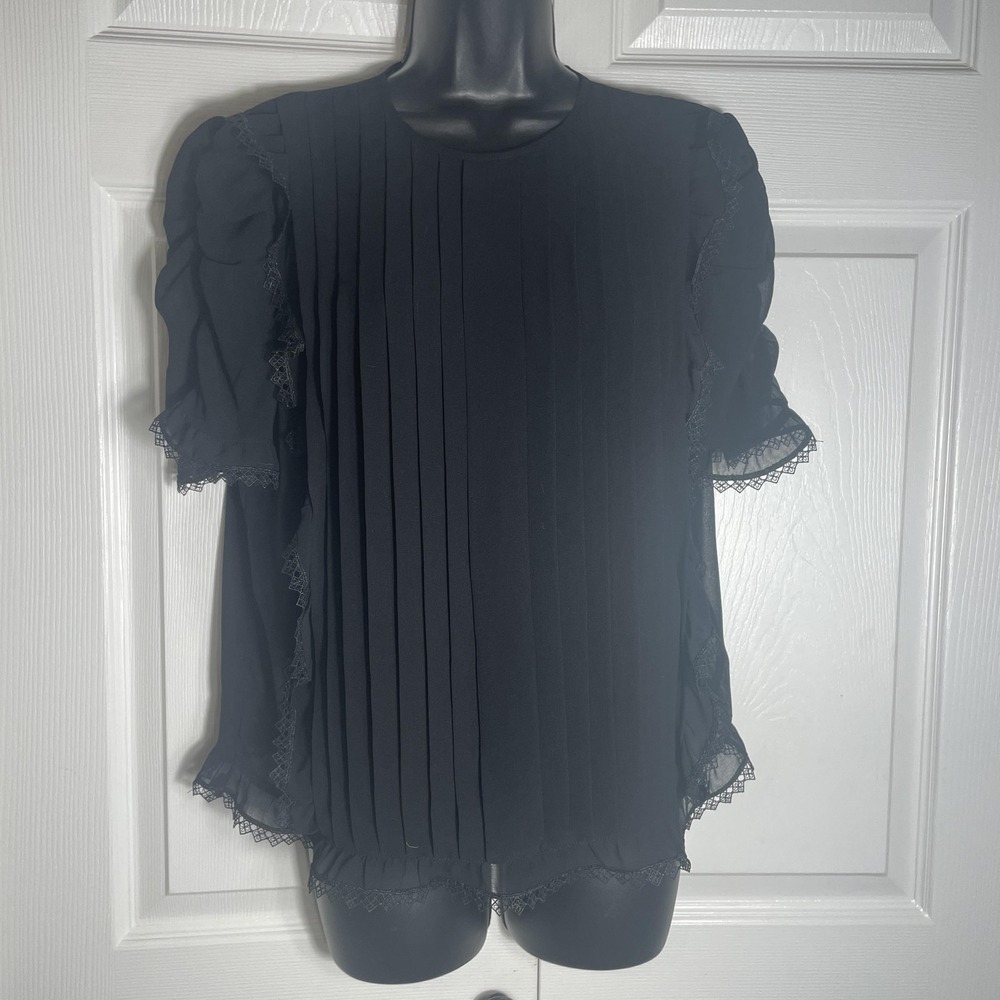 Max Studio Pleated Sheer Shirt Womens S Black Lace Trim Short Sleeve Whimsigoth